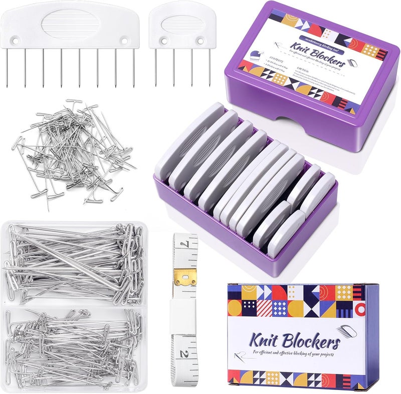 Opstin 130Pcs Knit Blocking Pins Kit for Knitting & Crochet Projects,20 Knit Blockers, Blocking Combs, Knitting Block Pins for Blocking Mats, Crochet Block Kit with 100 T-Pin and Storage Box - Image 1